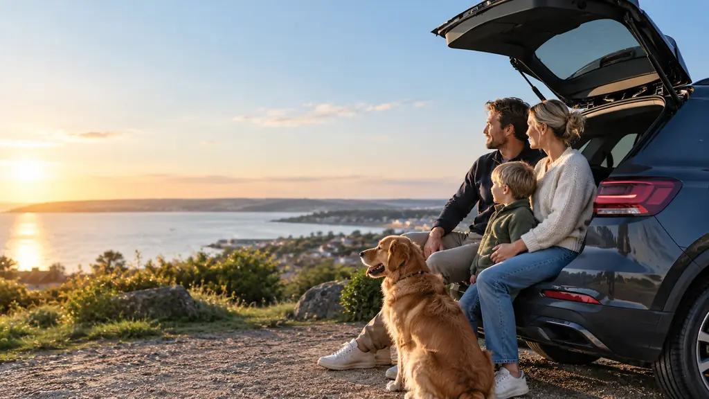 Familie og hund holder pause ved bilen med udsigt over vandet